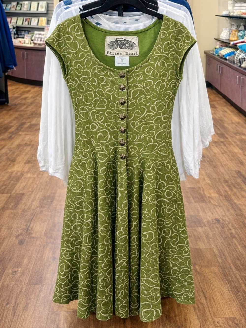 Effie's Heart Olive Green Button-Front Fit & Flare Midi Dress with Cream Swirl